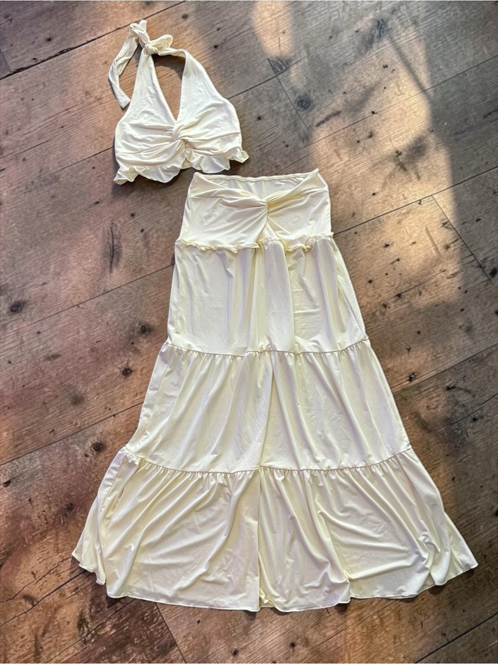 Women's Cream Halter Crop Top & Maxi Skirt Set
